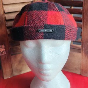 Crowncap Red And Black Plaid Beanie Hat 65% Wool Made in Canada Size L/XL